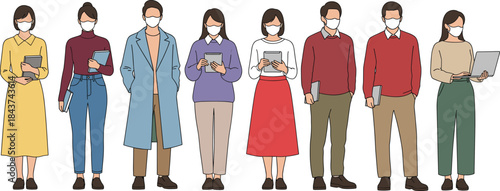 Group of people wearing face masks and using smartphones and tablets, diverse men and women standing in line, modern flat vector illustration