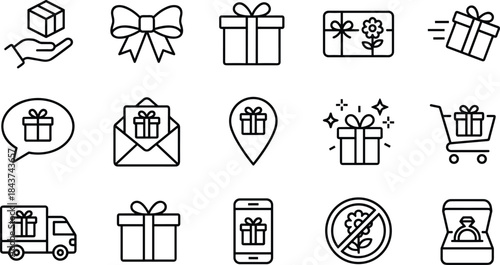 Gift and Present Line Icons Set: E-commerce, Delivery, Online Shopping, Special Occasion, Mobile Ordering, and Celebration Symbols for Digital Design Vector Collection