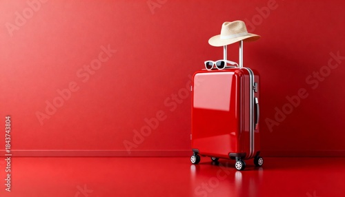 Wallpaper Mural Red Suitcase with Hat and Sunglasses on Minimal Studio Background Torontodigital.ca