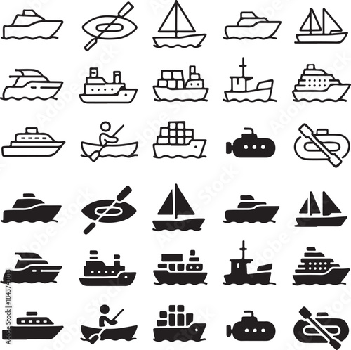 Isolated Water Transport Icon Set, Water Transport Icons Collection, Marine Shipping Symbols, Boat Logistics Icons, Black Vector Transport Icons, Minimal UI Travel Icons