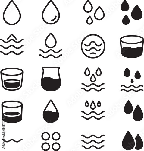 Isolated Water Icon Set, Water Icons Collection, Clean Water Symbols, Liquid Resource Icons, Black Vector Water Icons, Minimal UI Nature Icons