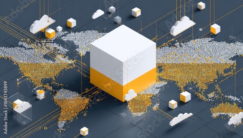 Isometric graphic of a cube over a world map, suggesting data centers and cloud computing