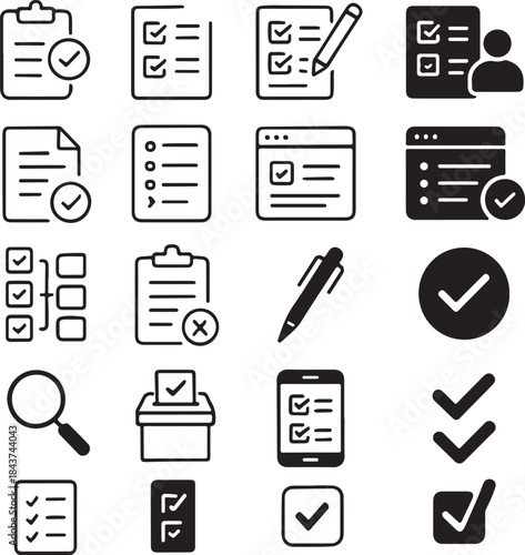 Isolated Survey Icon Set, Survey Icons Collection, Feedback Research Symbols, Data Form Icons, Black Vector Survey Icons, Minimal UI Research Icons