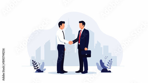 Flat vector illustration depicting two businessmen shaking hands, symbolizing partnership, agreement, and cooperation. The urban background symbolizes modern business and professional cooperation.