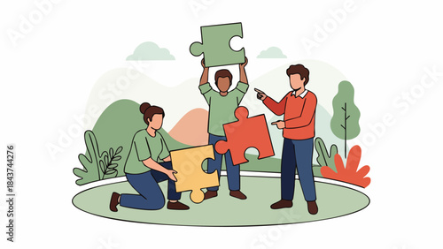 Flat vector illustration of several people collaborating to put together a large puzzle. The concept of successful teamwork. A large puzzle.