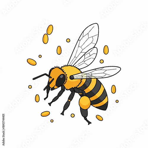 Detailed Illustration of a Honey Bee with Pollen Grains Flying.