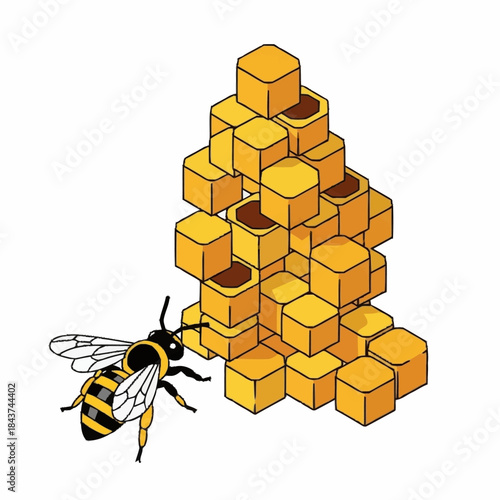 Honeybee next to a stack of golden honeycombs.