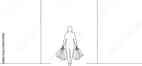 Minimalist line art silhouette of a woman walking out of a bright shopping mall carrying many bags