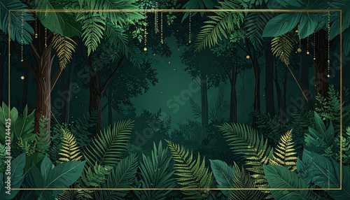 Enchanting Golden Framed Tropical Jungle at Night with Magical Lights.
