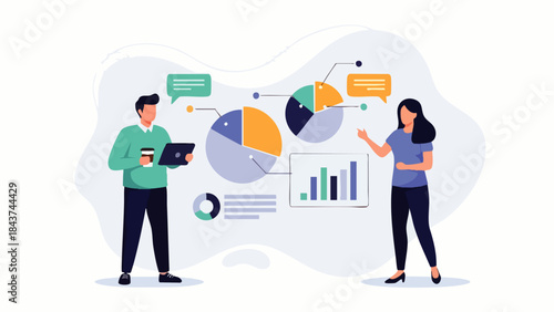 Modern flat style vector illustration depicting two people analyzing infographic charts, sharing ideas, goals and data for strategy, teamwork, financial growth and company success.