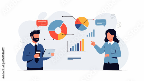Modern flat style vector illustration depicting two people analyzing infographic charts, sharing ideas, goals and data for strategy, teamwork, financial growth and company success.