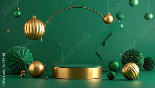 Elegant Green and Gold Festive Podium Display with Ornaments.