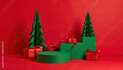 Minimalist Christmas scene with green origami trees and red gift boxes on a vibrant red background.