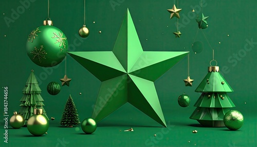 Modern Green Christmas Holiday Decoration Arrangement with Star and Trees.