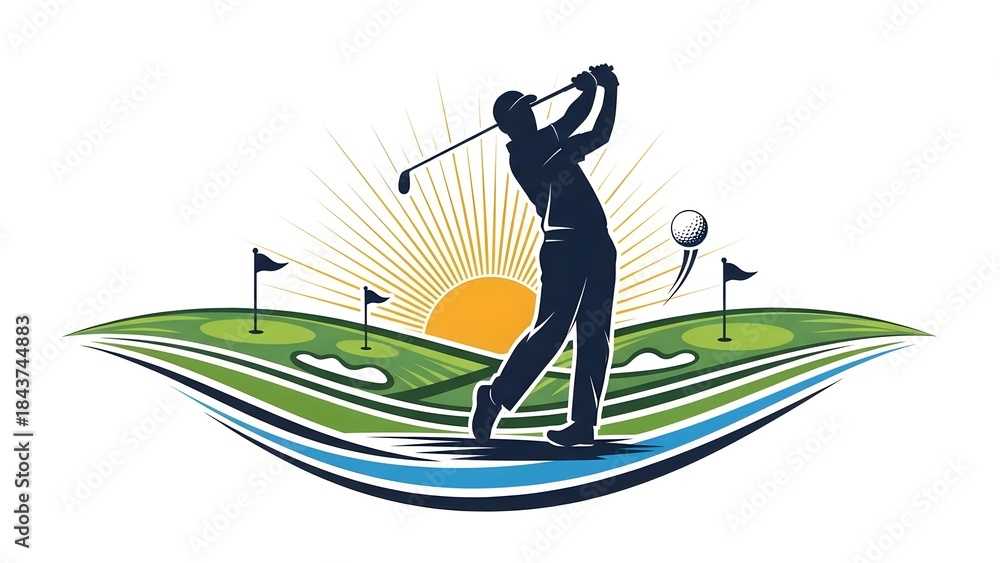 Fototapeta premium Golfer mid swing on golf course, sunrise golf action, dynamic golf sport illustration