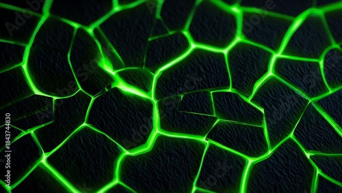 Abstract background of dark cracked surface with glowing green fissures