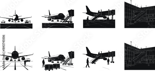 Airport scene, airplane boarding, jet bridge, runway view, ground crew, air travel silhouette, aircraft service, tarmac, aviation logistics, 
