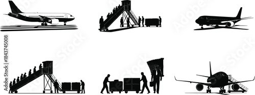 Airport operations, airplane boarding, air travel silhouette, runway scene, cargo handling, aircraft movement, passenger transport,