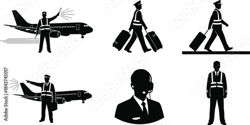 Airport personnel silhouette illustrations with pilots, ground crew, marshalling wands, suitcase pulling, headset agent, airplane 