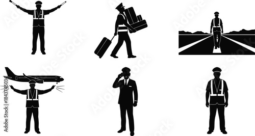 Airport crew silhouette illustrations with pilot saluting, marshalling batons, suitcase carrying, runway walk, airplane signal,
