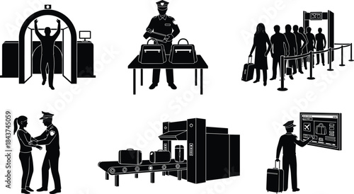 Airport security illustrations with metal detector, bag inspection, pat-down search, X-ray scan, digital kiosk, queue, safety check, travel