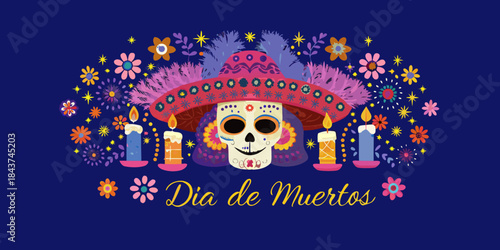 Colorful dia de muertos skull with candles flowers and a festive hat