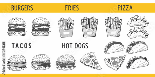 A delicious selection of fast food illustrations burgers pizza tacos and fries