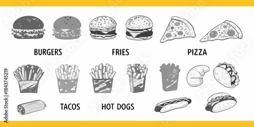 Illustration of various fast food items including burgers pizza tacos and hot dogs