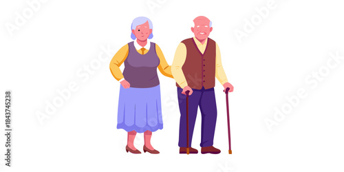 An elderly couple stands closely together displaying affection and companionship