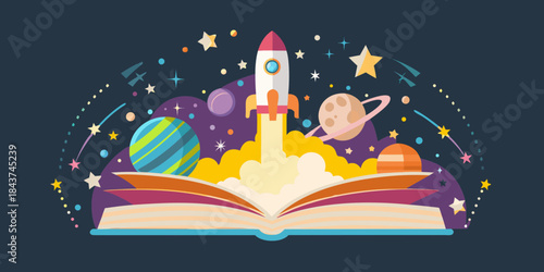 A rocket launching from an open book amidst a starry colorful space scene