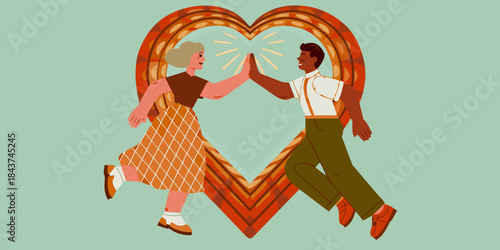 Celebrating connection a diverse couple joyfully high fiving within a heart shaped frame