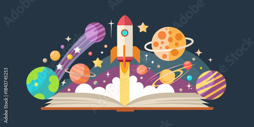 A rocket launching from an open book into a colorful cosmic space
