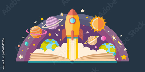 A rocket launching from an open book into a colorful space scene