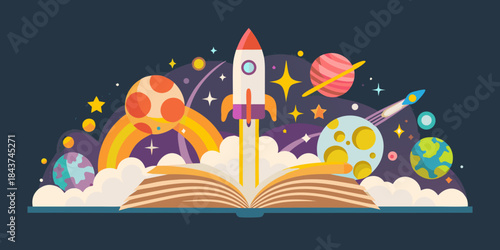 A rocket launching from an open book into a colorful space scene