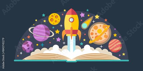 A colorful rocket launching from an open book into a starry space scene
