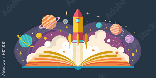 A rocket launching from an open book into a colorful cosmic space