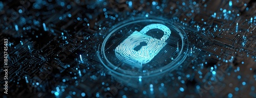 Glowing digital padlock icon set on a dark tech background, suggesting data security