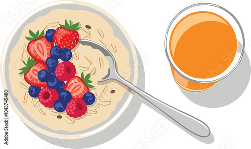 Healthy oatmeal with fresh berries and a glass of juice