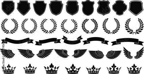 Heraldic emblem silhouette set with shields laurel wreaths ribbons wings and crowns, classic black vector elements for logos badges and awards