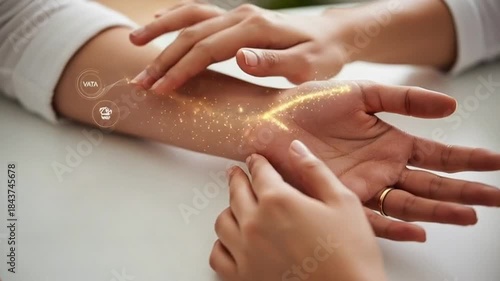 Ayurvedic pulse diagnosis consultation with a practitioner showing energy flow graphics