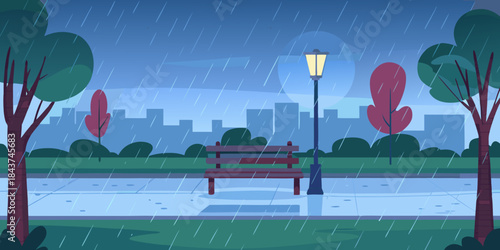 Rainy city park scene with a bench lamppost and blurred skyline