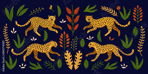 Stylized illustration featuring leaping cheetahs amidst tropical foliage and botanical elements
