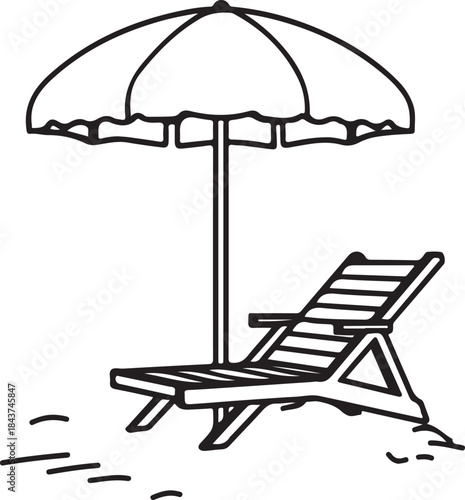 Create a solid black silhouette of a beach scene featuring a reclining lounge chair with armrests positioned under a large, open beach umbrella with scalloped edges and a visible support pole
