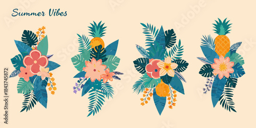 Tropical floral bouquets with pineapples and lush green leaves summery design