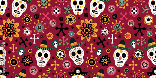 Colorful day of the dead sugar skulls and floral patterns seamless background