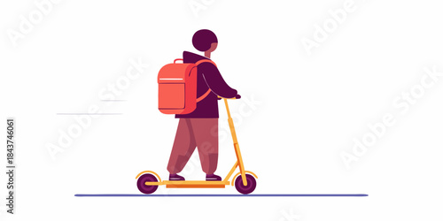 A person riding an electric scooter viewed from the back in a minimalist style