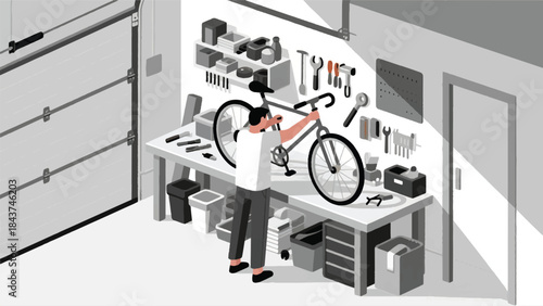 Illustration Of Person Fixing A Bicycle On A Workbench In A Cluttered But Organized Garage Vector Design Template