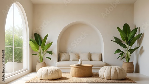 Modern minimalist indoor seating area with arched alcove and plants