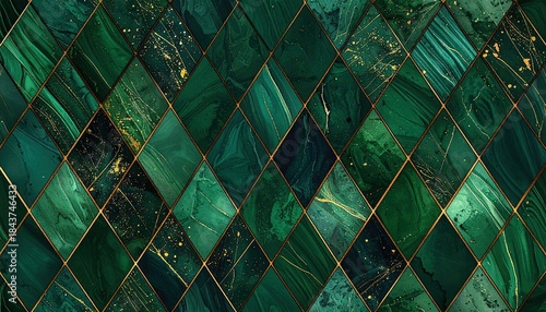 Elegant Emerald Green Marble Geometric Pattern with Luxurious Gold Accents.