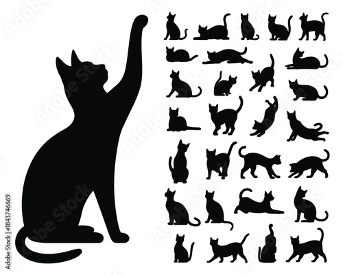vector isolated silhouette cat set, featuring multiple cat poses and profiles in clean black shapes, isolated on transparent background for logos, decoration, posters, and creative design projects.